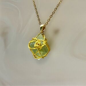 Green Fluorite Octahedron Gold Wire Wrapped necklace P40